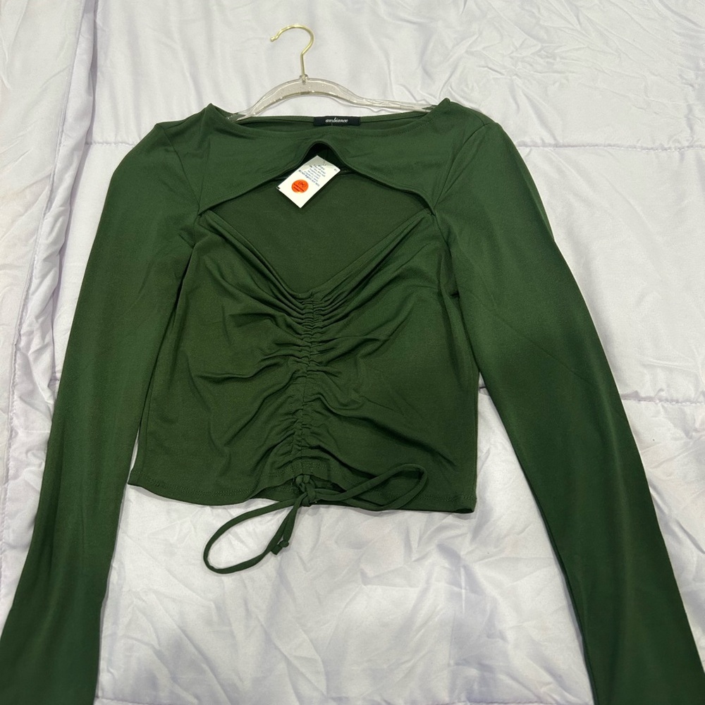 Ambiance Green Ruched Long Sleeve Blouse